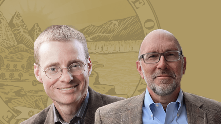Profile photos of James Brown and John Repke on a gold background with a seal of the state of Montana.