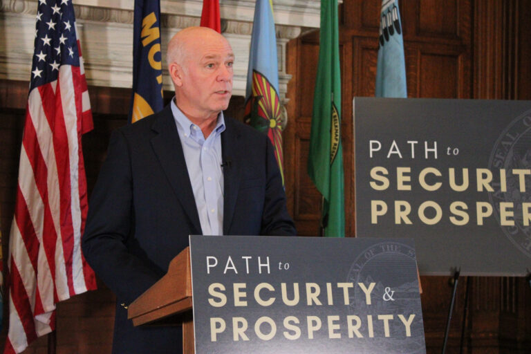 Montana Gov. Greg Gianforte outlines his budget proposal for the 2025 biennium during a news conference on Nov. 13, 2024. (Photo by Blair Miller, Daily Montanan)