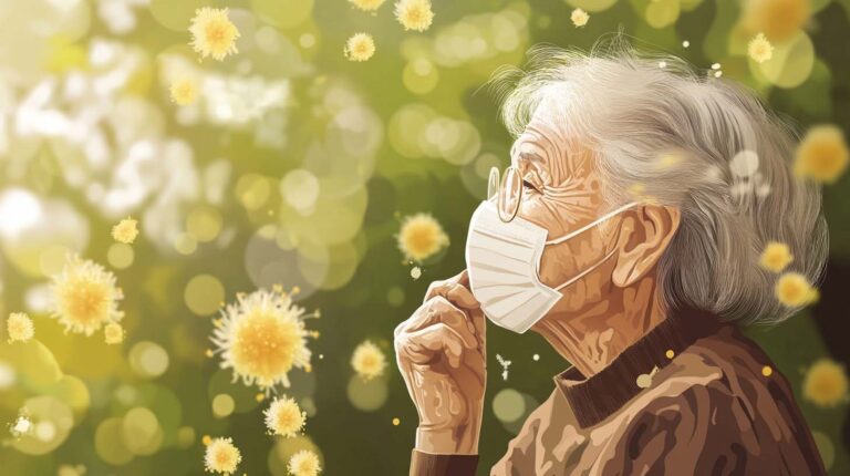 Concept illustration of an older woman wearing a mask as pollen drifts in the air around her. Image credit: Nicole Smith, made with Midjourney
