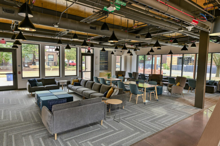 The main floor of the Edward and Rosalie Ginsberg Building features plenty of seating and gathering spaces.