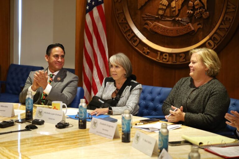New Mexico Lt. Gov. Howie Morales, Gov. Michelle Lujan Grisham and Early Childhood Education and Care Department Secretary Elizabeth Groginsky announced the state will implement a universal free child care system during a news conference on Sept. 8 in Santa Fe. (Photo by Austin Fisher / Source NM)
