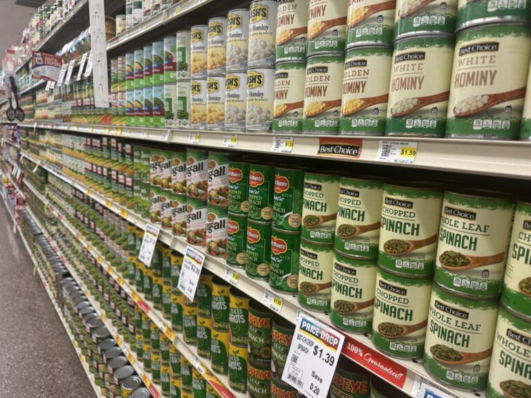 Canned foods on grocery store shelves. (Photo by Cami Koons/Iowa Capital Dispatch)