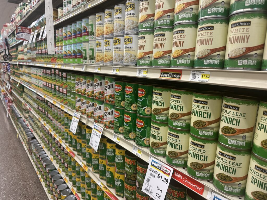 SNAP Benefits Restored in Montana After Federal Shutdown Delays Payments - Kitchen Table News Canned foods on grocery store shelves. (Photo by Cami Koons/Iowa Capital Dispatch)