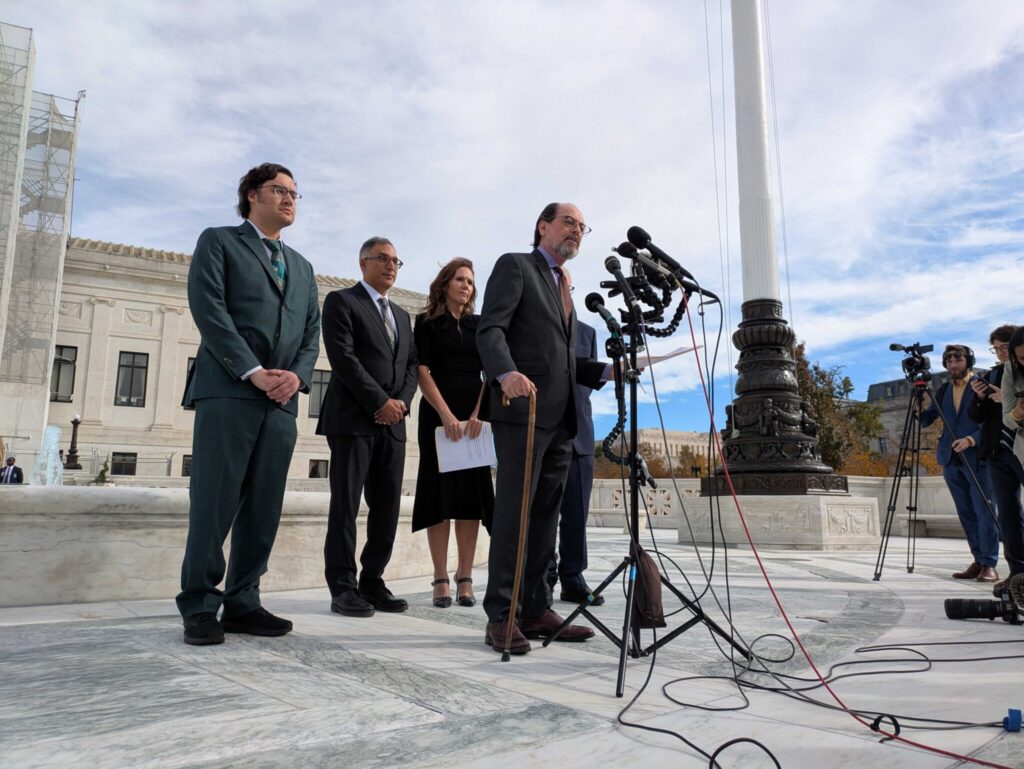 Victor Schwartz, founder and president of VOS Selections, spoke to reporters outside the U.S. Supreme Court on Wednesday, Nov. 5, 2025. Schwartz, a New York-based wine and spirits importer of 40 years, was the lead plaintiff in the case against President Donald Trump