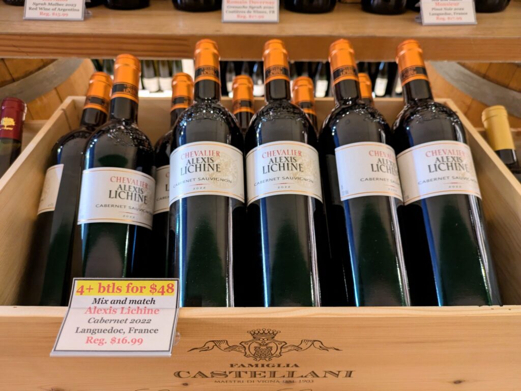French wine on display in a District of Columbia shop on March 13, 2025.  The Supreme Court will hear a case on Nov. 5, 2025 challenging President Donald Trump