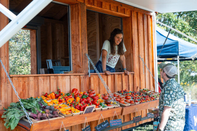 A person leans out over a mobile farm stand as another person looks over assorted vegetables