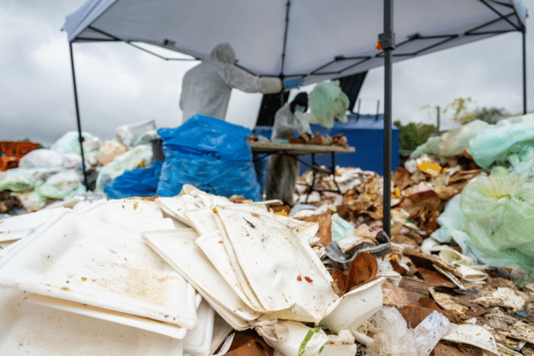 Two people underneath a canopy sorting through bags and bags of garbage