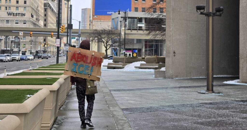 Defund ICE protestors gather outside Peters, Slotkin Detroit offices