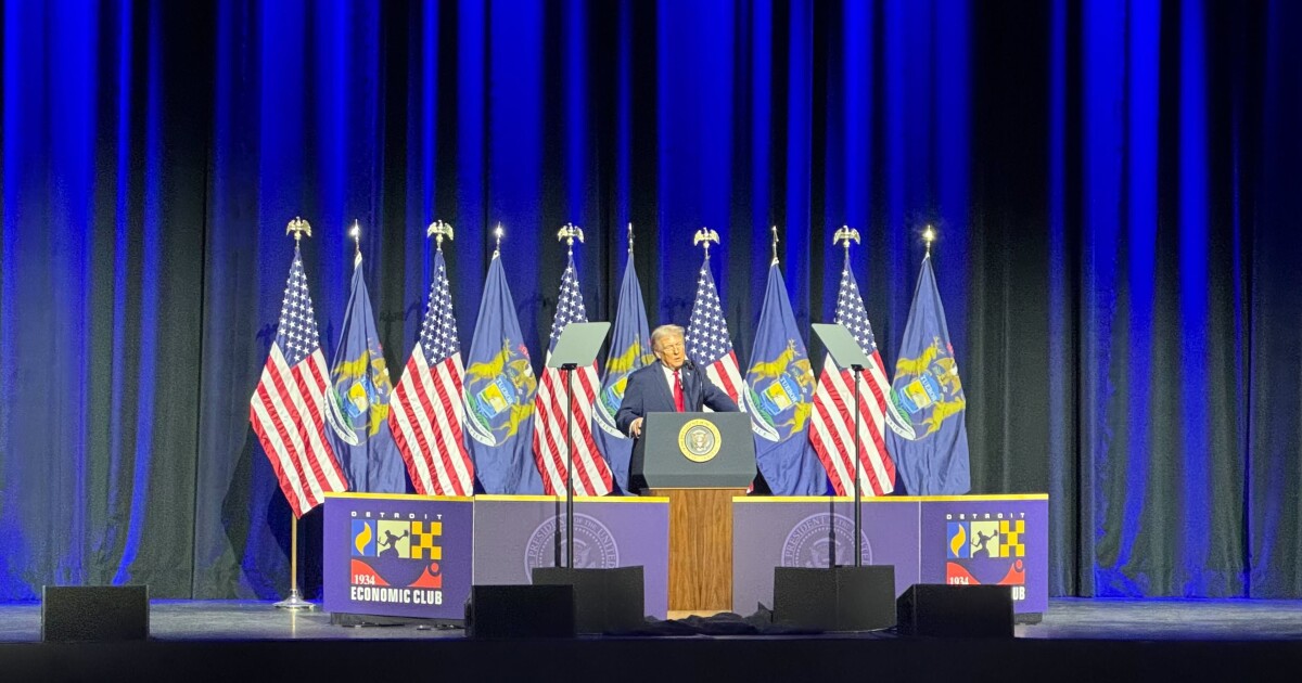 Trump defends tariffs at Dearborn Ford plant, Detroit Economic Club