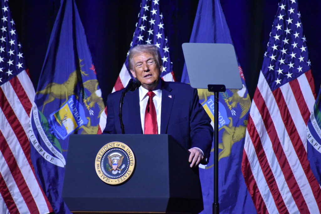 President Donald Trump addresses the Detroit Economic Club at the MotorCity Casino. Jan. 13, 2025 