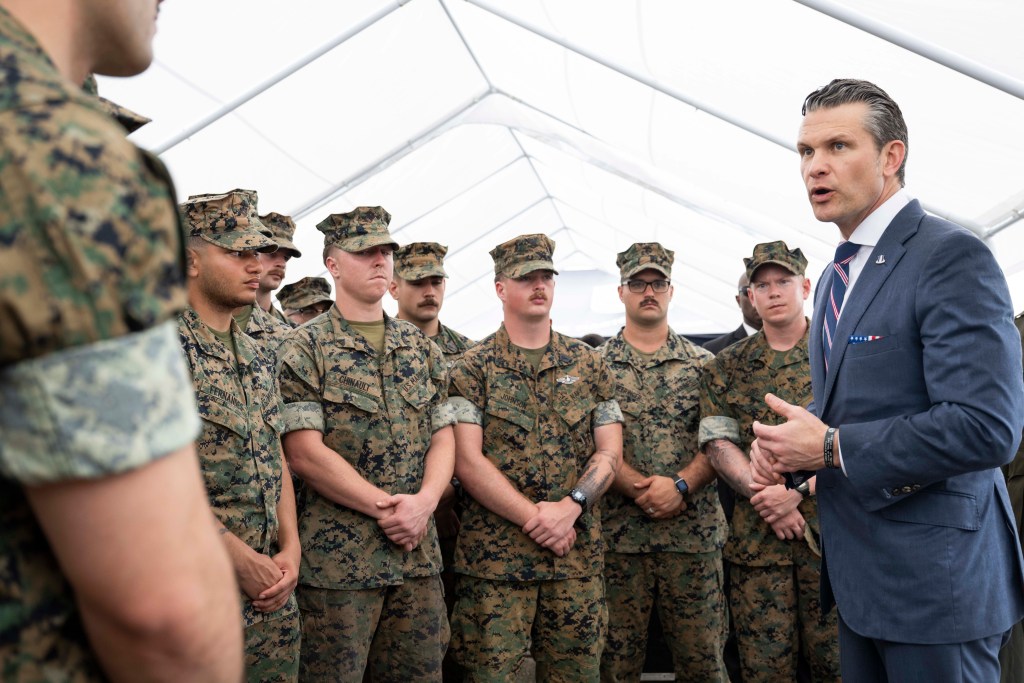 Secretary of Defense Pete Hegseth speaks to U.S. Marine Corps Marines after the inauguration ceremony for Pier 3 in Panama City, Panama, April 8, 2025. (DOD photo by U.S. Air Force Senior Airman Madelyn Keech)
