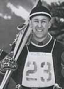 U-M students and Olympic skier Walter Bietila with his skis