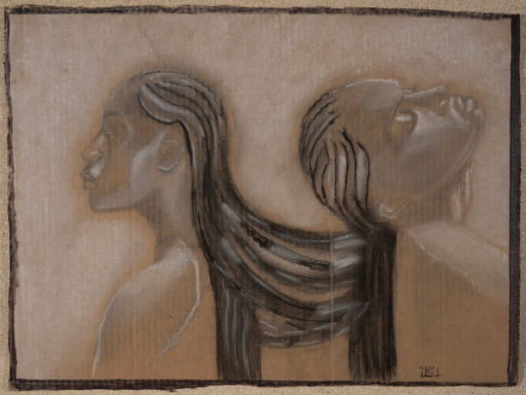 two women not facing one another intertwined by their hair
