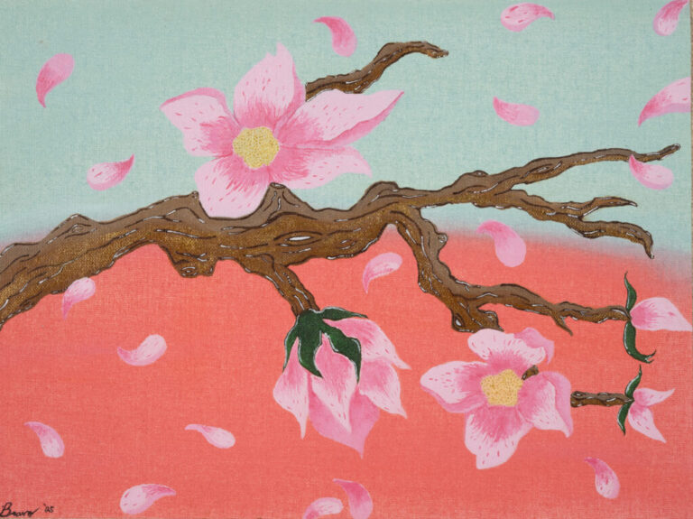A painting of a branch with pink flowers and the petals flying through the air