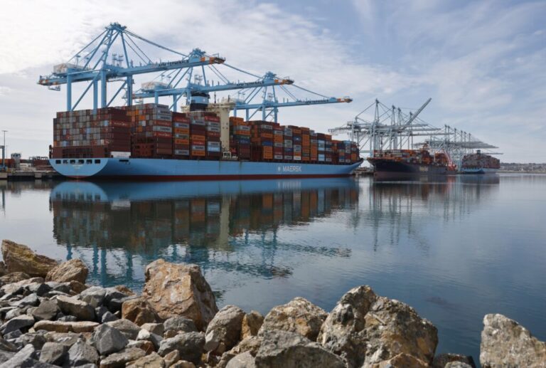 Shipping cranes stand above container ships loaded with shipping containers at the Port of Los Angeles on Feb. 20, 2026 in Los Angeles, California. The U.S. Supreme Court has ruled that President Donald Trump’s sweeping emergency tariffs on most U.S. trading partners were illegal. (Photo by Mario Tama/Getty Images)