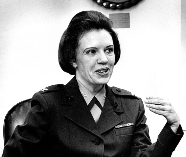 A photo of Margaret Brewer in her Marine uniform after she decided to enter the Marines after reading a story on women in the Marine Corps. in the Michigan Daily.