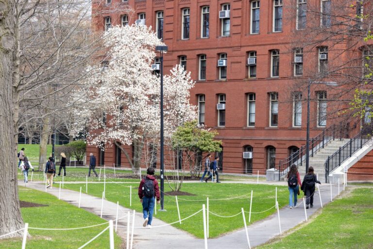 People walk past blooming trees on the Harvard University campus in Cambridge, Massachusetts, in April 2025. (Photo by Scott Eisen/Getty Images)