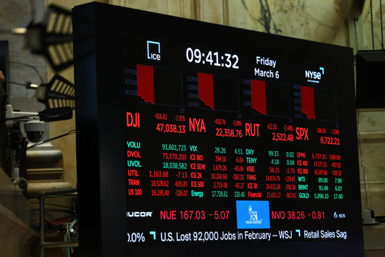 Stock market numbers are displayed on the floor of the New York Stock Exchange during morning trading on March 6, 2026. All three major indexes continued to dip at opening as oil prices rose amid war with Iran and a weak jobs report. (Photo by Michael M. Santiago/Getty Images)