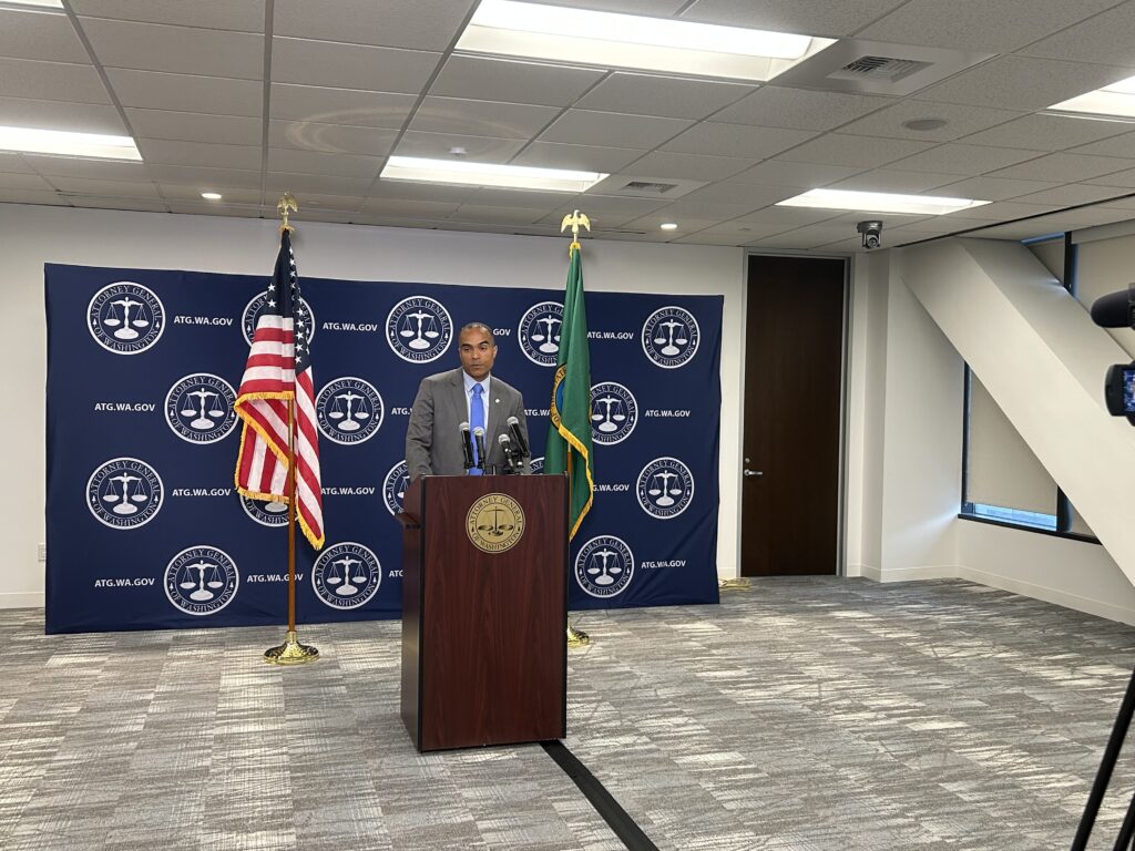 Washington Attorney General Nick Brown announces a lawsuit against Albertsons on Monday, April 27, 2026, in Seattle. (Photo by Jake Goldstein-Street/Washington State Standard)