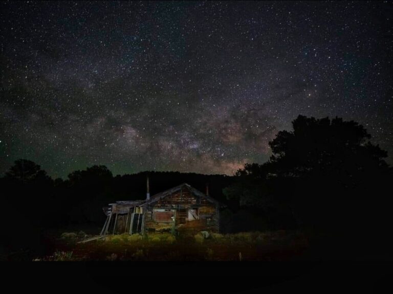 Stars glow above a cabin in Catron County, New Mexico. The county, known for scenery and a dark sky for stargazers, has attracted retirees and now has one of the largest ratios of older adults to children in the country. (Photo courtesy of U.S. Forest Service by Belinda Mollard)