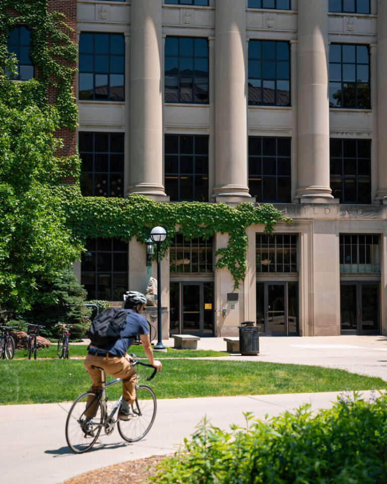 A cyclist passes the North University Building on a bright, sunny summer afternoon.