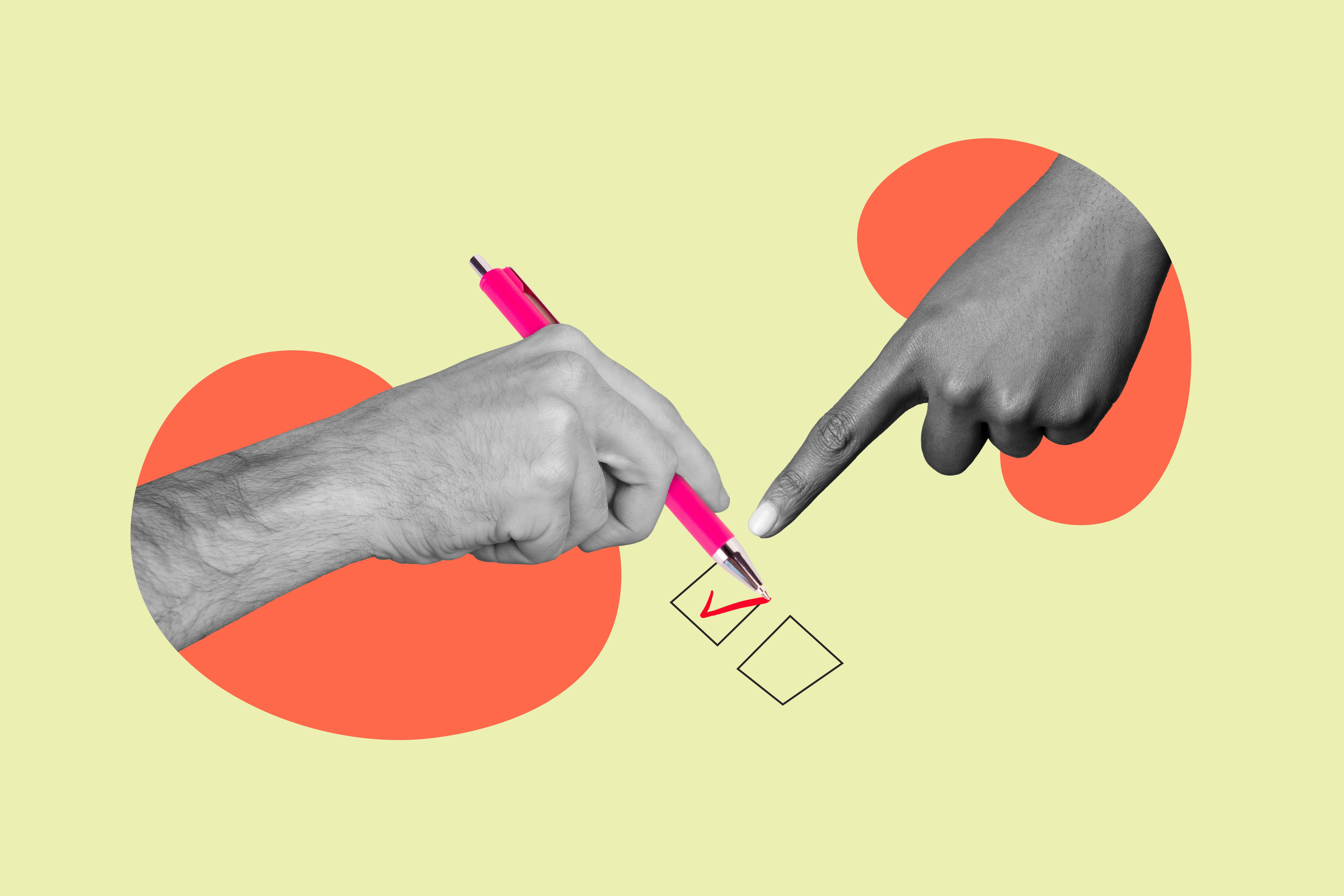 PosterBannerCollageOfHumanHandsUsingPenForWriting - Kitchen Table News Two hands reach toward a checklist; one hand holds a pink marker and draws a red checkmark in a square box against a pale yellow background with orange shapes in the design.