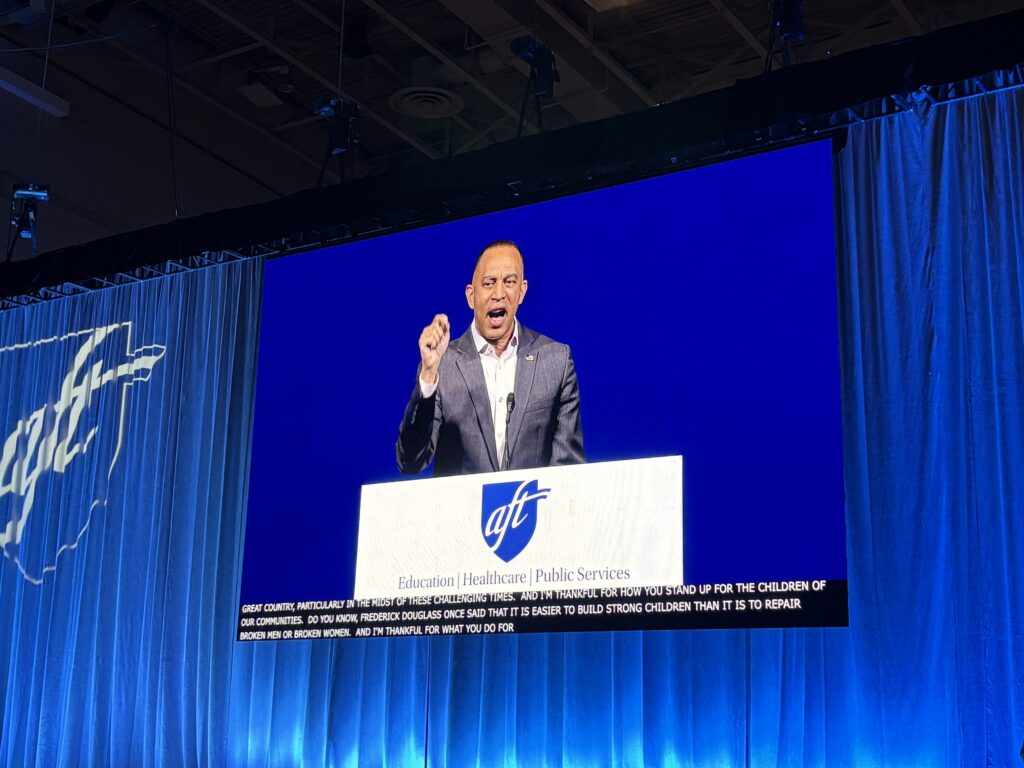 Hakeem Jeffries Rallies Teachers Union Promises Progressive Policies - Kitchen Table News U.S. House Democratic Leader Hakeem Jeffries speaks at the American Federation of Teachers national convention in Washington, D.C., on July 16, 2026. (Photo by Amelia Twyman/States Newsroom)