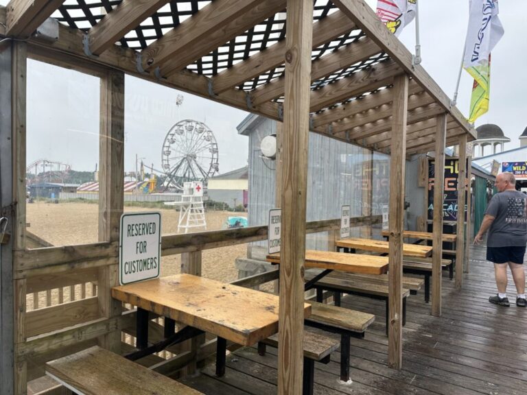June Job Growth Slows to 57K Unemployment Drops to 42 - Kitchen Table News Empty tables line the pier at Old Orchard Beach, Maine, where a drop in Canadian visitors has affected business. Nationally, leisure and hospitality jobs dipped 61,000 in June, reflecting slower seasonal hiring. (Photo by Kevin Hardy/Stateline)